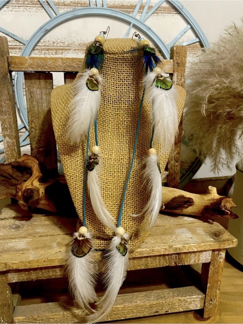 Handcrafted BOHO Leather Bead Peacock Feather Earrings NEW